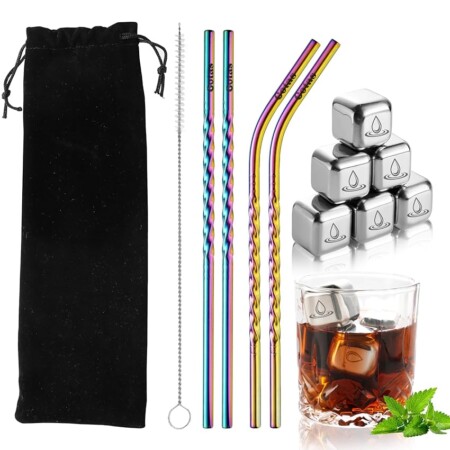 offerta a tempo: kit di 4 cannucce riutilizzabili + 6 cubetti di ghiaccio in acciaio inox — 60% da 14,95 € a 5,99 €