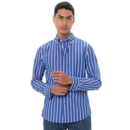 offerta a tempo: tommy hilfiger uomo camicia flex poplin nautical in cotone, multicolore (optic white/wedge blue) — 14% da 89,90 € a 76,89 €