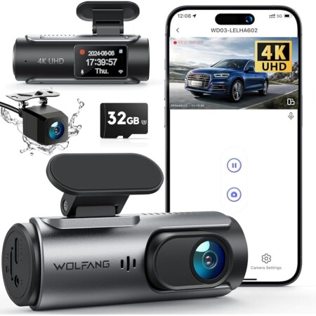 offerta a tempo: wolfang dash cam auto 4k, doppia wifi dashcam per auto con scheda sd 32g — 17% da 59,99 € a 49,99 €