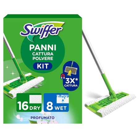 offerta a tempo: swiffer panni catturapolvere, 1 scopa e 16 ricariche dry + 8 panni lavapavimenti wet — 16% da 24,99 € a 20,99 €
