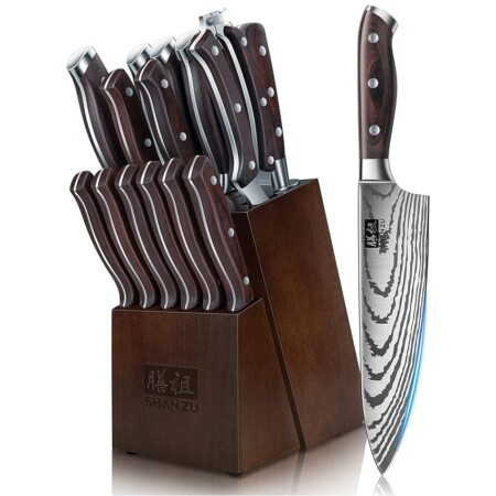 offerta a tempo: shan zu ceppo coltelli da cucina 16 pezzi giapponesi set di coltello acciaio ad alto — 20% da 163,13 € a 129,98 €