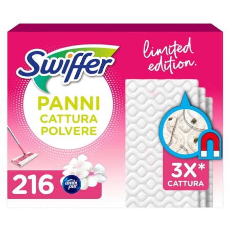 offerta a tempo: swiffer pink panni catturapolvere, 216 panni microfibra dry — 32% da 44,33 € a 29,99 €