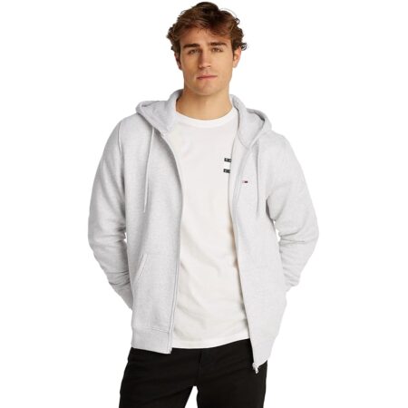 offerta a tempo: tommy jeans uomo felpa con zip flag zip thru con cappuccio, grigio (silver grey heather) — 11% da 89,90 € a 79,90 €