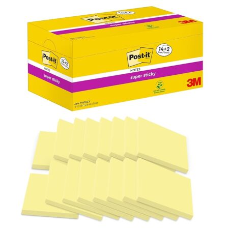 offerta a tempo: post it foglietti super sticky canary yellow, pacchetto convenienza da 14 blocchetti + 2 gratis — 36% da 27,99 € a 17,82 €