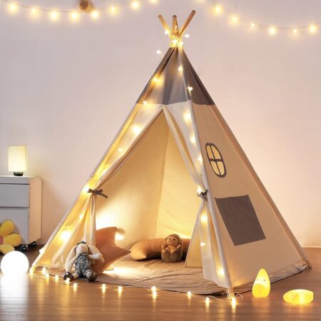 offerta a tempo: besrey tenda per bambini da gioco in tela indiana teepee in 100% cotone con luci fatate + grigio opaco — 21% da 79,99 € a 62,99 €