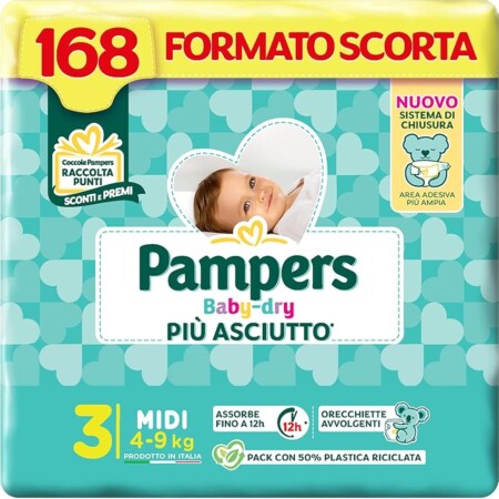 offerta a tempo: pampers baby dry midi, 168 pannolini — 34% da 56,61 € a 37,56 €