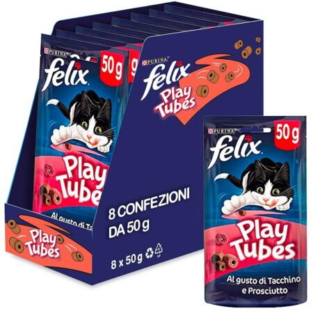 offerta a tempo: felix play tubes snack per gatti adulti con tacchino e prosciutto 8 confezioni da 50g — 23% da 15,60 € a 11,99 €