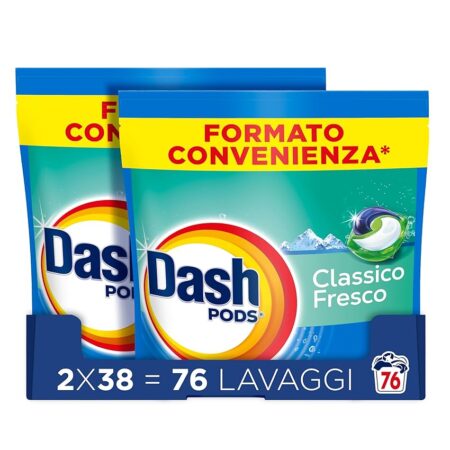offerta a tempo: dash pods detersivo lavatrice in capsule 76 lavaggi (2 confezioni x 38 lavaggi) — 23% da 25,99 € a 19,99 €