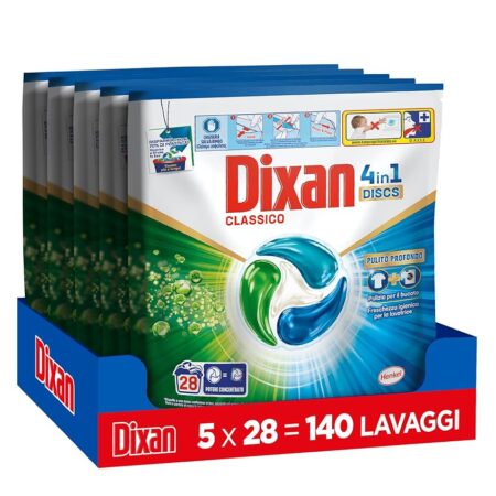 offerta a tempo: dixan discs 4in1 classico detersivo lavatrice, 5 confezioni da 28 lavaggi — 25% da 58,40 € a 43,80 €