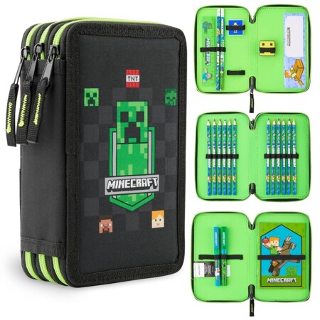 offerta a tempo: minecraft astuccio matite per bambini con scomparti multipli, include accessori scuola (aop nero) — 15% da 27,99 € a 23,93 €
