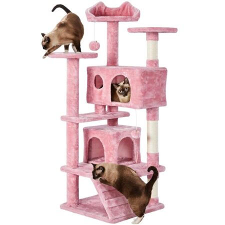 offerta a tempo: yaheetech albero tiragraffi per gatti 137 cm con 2 palle sisal naturale giocattolo gioco rosa — 26% da 59,99 € a 44,28 €