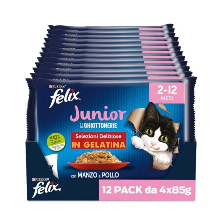 offerta a tempo: felix le ghiottonerie junior cibo umido gattino 2 12 mesi, bocconcini in gelatina — 27% da 28,56 € a 20,99 €