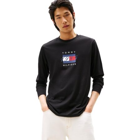 offerta a tempo: tommy hilfiger uomo maglietta maniche lunghe linear flag graphic regular fit — 10% da 49,90 € a 44,91 €
