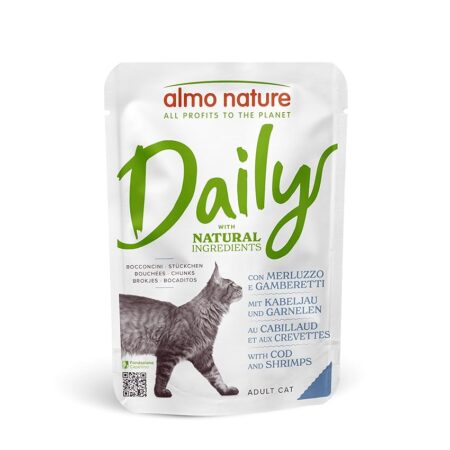offerta a tempo: almo nature daily alimento umido completo per gatti adulti con merluzzo e gamberetti — 20% da 25,50 € a 20,40 €