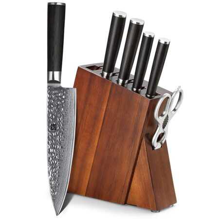offerta a tempo: xinzuo 7pc coltello chef da cucina damasco con blocco in legno di acacia,forbici multifunzione — 5% da 329,99 € a 313,49 €