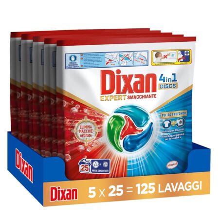 offerta a tempo: dixan discs 4in1 expert smacchiante detersivo lavatrice 125 lavaggi (5 confezioni x 25 capsule) — 34% da 58,40 € a 38,28 €