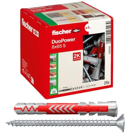 offerta a tempo: fischer 25 tasselli lunghi duopower con vite 8x65 mm universali — 52% da 14,90 € a 7,19 €