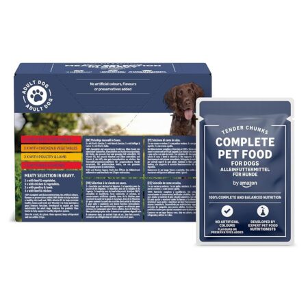 offerta a tempo: by amazon alimento completo per cani adulti, selezione di carne in salsa — 32% da 6,14 € a 4,18 €