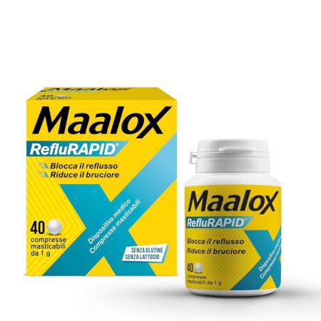offerta a tempo: maalox reflurapid blocca il reflusso gastroesofageo, riduce bruciore e acidità di stomaco, anche in gravidanza con bicarbonato di sodio, senza glutine, senza lattosio (40 compresse gusto menta) — 22% da 9,90 € a 7,74 €