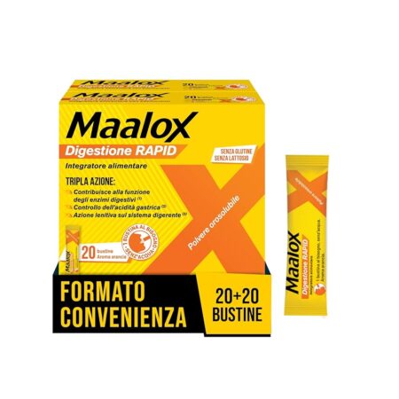 offerta a tempo: maalox digestione rapid, integratori, cattiva digestione, acidità di stomaco – per adulti e bambini 6+, gravidanza, senza glutine e lattosio (20+20 bustine) — 25% da 19,90 € a 14,90 €